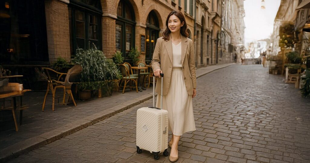 女性がヨーロッパの街並みをスーツケース「ダイアジップ」を転がしながら歩いている